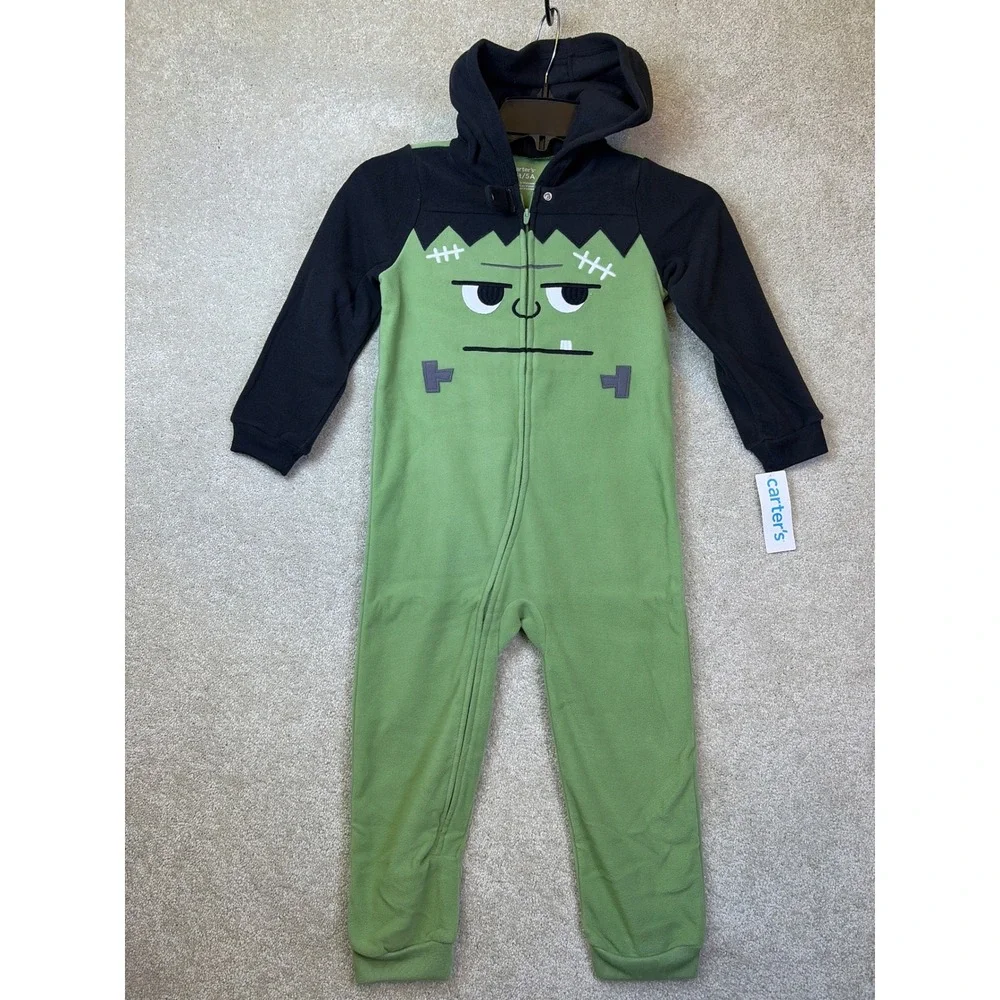 Carter's Frankenstein One Piece Pajamas Toddler 5T Green Black Hooded Fleece NEW